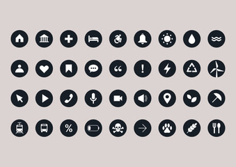 Graphic collection includes crafted icons representing home, travel, health, transportation, communication, and sustainability, perfect for enhancing UI and design projects