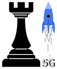 Black chess rook paired with a blue rocket and the text 5G signify futuristic strategy, innovation, speed, connectivity, technology, leadership, and digital transformation. Ideal for business growth