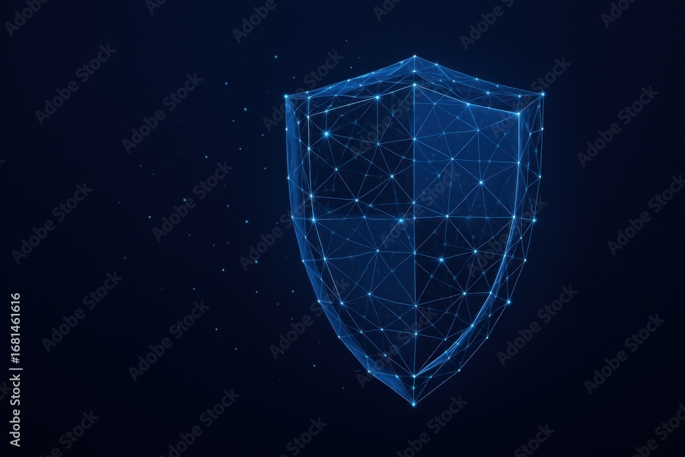 Poster futuristic glowing digital shield with polygon mesh for cybersecurity and data protection
