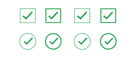 Green Check Mark Icons in Square and Circle Shapes on transparent background