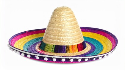 Colorful traditional Mexican sombrero hat isolated on white background. Unique straw 