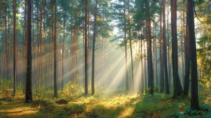 Obraz premium Sunlight Through Pine Trees in Forest