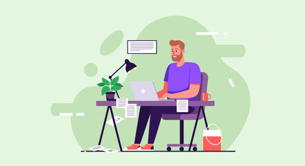 Bearded man focused on remote work at a home office desk with a laptop, plant, and documents. Represents productivity, freelance lifestyle, and digital entrepreneurship.
