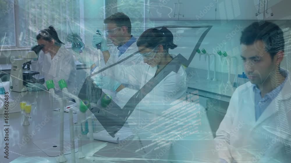 Poster animation of data processing over diverse scientists in laboratory