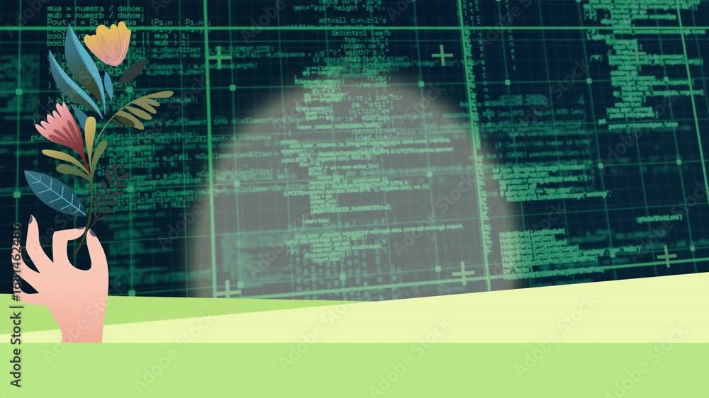 Poster animation of flowers and data processing over green grid