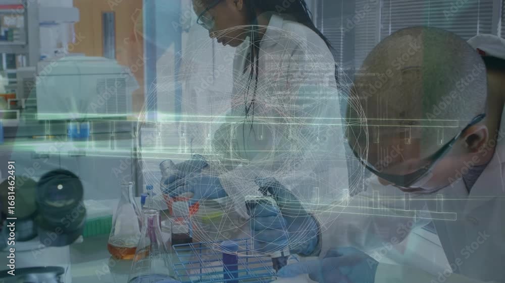 Aufkleber animation of dna strand and data processing over diverse scientists in laboratory