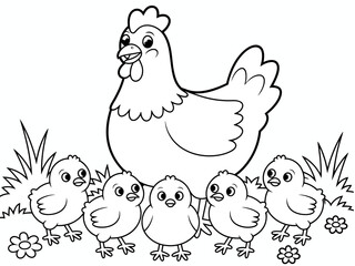 Hen and Chicks Coloring Page – Farm Animal Printable for Kids