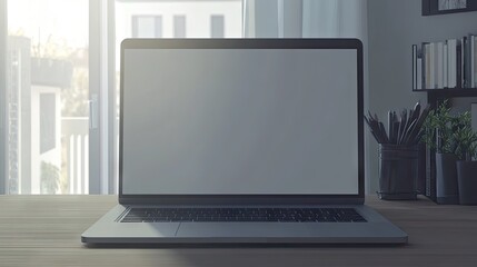 Fototapeta premium A silver laptop with a blank screen sits on a wooden desk near a window, bathed in sunlight. A minimalist workspace with bookshelves and pens in the background