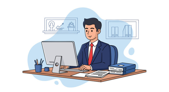 Professional businessman working diligently at his office desk on a computer, handling tasks and documents. Ideal for business, finance, and corporate themes.