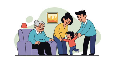 Happy multi-generational family bonding at home. Parents lovingly help their child take first steps as grandma watches, symbolizing care and support.