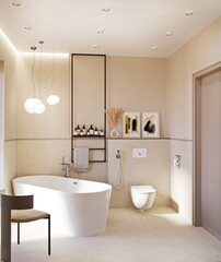 3D render of a bathroom interior in beige tones with a freestanding bathtub.