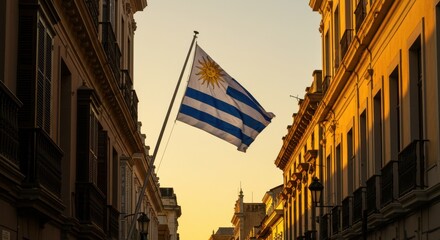 A Majestic Sunset View of the Streets of Montevideo with the Uruguayan Flag Billowing in the Evening Sky