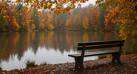 Serene autumn landscape by a tranquil lake, featuring vibrant fall foliage and a wooden bench for contemplation amidst the colorful seasonal beauty, providing a peaceful retreat