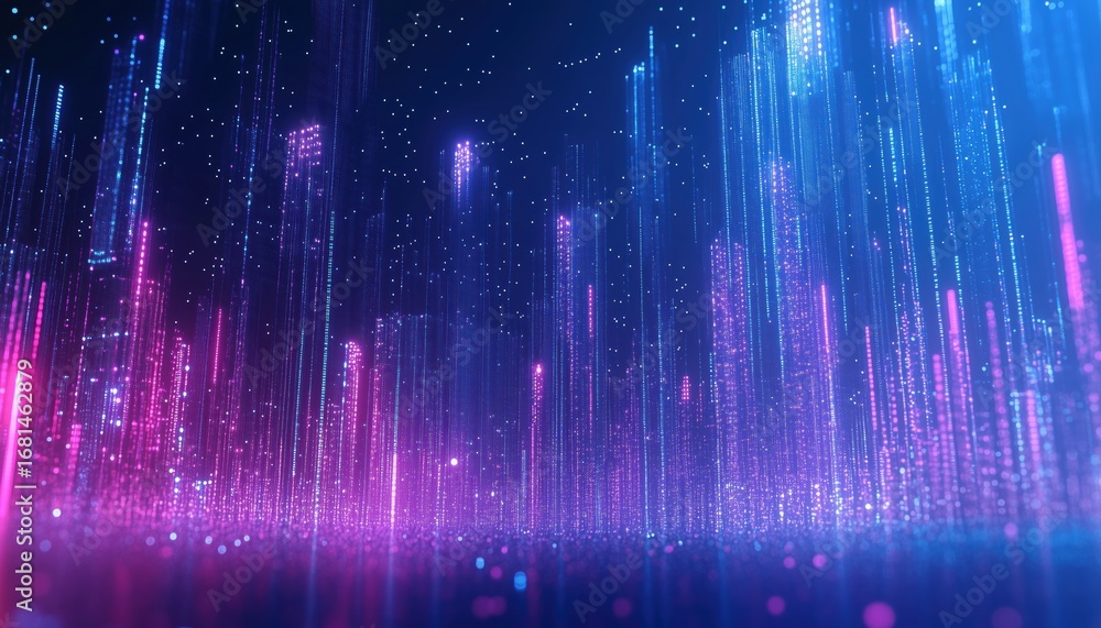 Aufkleber abstract binary code forming futuristic city sky with glowing particles. pattern of futuristic dots 