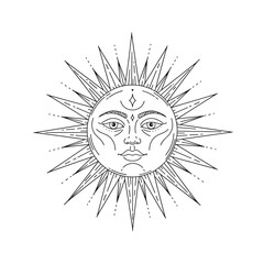 Face of the sun in vintage style. Vector illustration. Black and white graphics. Logo of the sun. stock illustration