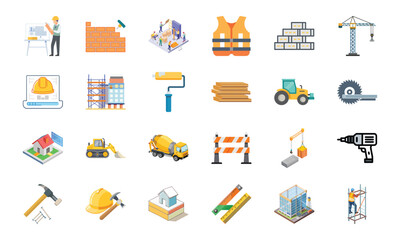 Obraz premium Construction and Building Icons Set – Architecture Tools, Engineering Equipment, Construction Site, Crane, Safety Helmet, Concrete Mixer, Bulldozer, Power Drill, Saw, Hammer, Ruler, Paint Roller, Wood