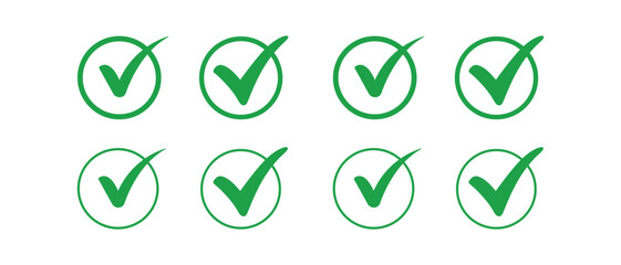 Green Check Mark Symbol Collection in Various Shapes on Transparent Background