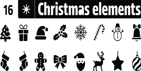 Christmas elements icons set, holiday decorations, festive silhouette collection, Christmas tree, Santa hat, snowflake, gift, reindeer, snowman, ornament