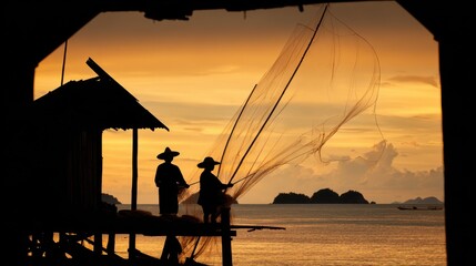Two Fishermen Casting Net at Sunset