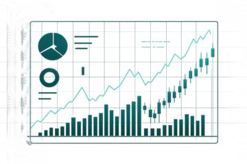 Transparent digital screen displaying financial charts with a positive growth trend, including candlestick charts, bar graphs, and pie charts