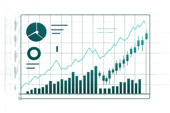 Transparent digital screen displaying financial charts with a positive growth trend, including candlestick charts, bar graphs, and pie charts