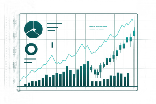 Transparent digital screen displaying financial charts with a positive growth trend, including candlestick charts, bar graphs, and pie charts