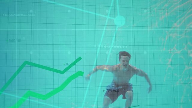 Animation of statistics with green lines over caucasian man underwater swimming in pool - Powered by Adobe