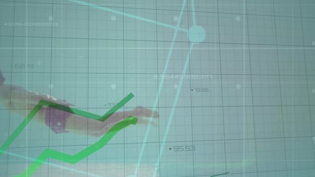 Animation of statistics with green lines over caucasian man underwater swimming in pool - Powered by Adobe