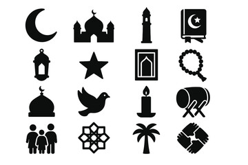 Eid e Milad un Nabi Islamic Festival Solid Black Silhouette Icon Set Collection on White Background