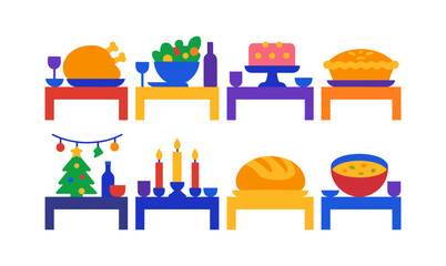 Obraz premium Colorful holiday feast tables with festive foods and decorations in flat design