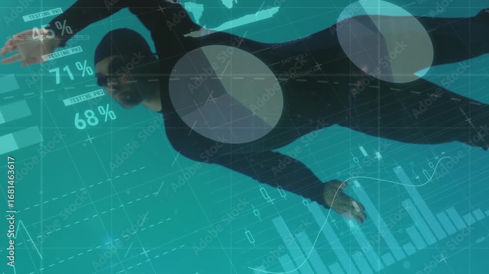 Poster animation of statistics and data processing over caucasian man underwater swimming in pool