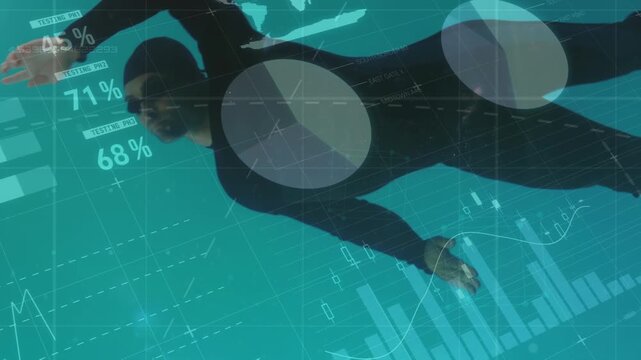 Animation of statistics and data processing over caucasian man underwater swimming in pool - Powered by Adobe
