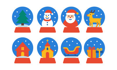 Fototapeta premium Festive snow globes featuring holiday icons in flat style for christmas