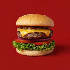 Delicious cheeseburger with fresh toppings on a red background