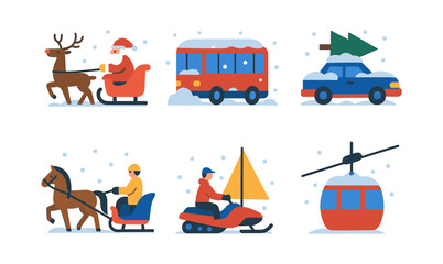 Winter transportation icons: santa, sleigh, ski lift, and snow sports