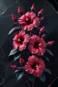 Watercolor of blood-burgundy hibiscus blossoms with golden-veined buds, dark green and gold leaves, velvety petals with shimmering dewdrops, on a dark gradient background with golden highlights, mysti