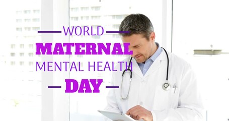Animation of world maternal mental health day over happy caucasian male doctor