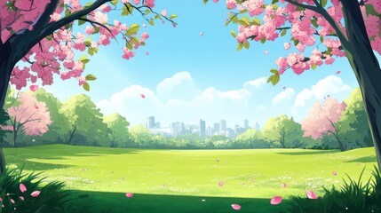 A vibrant, cartoon-style landscape featuring a city skyline framed by cherry blossoms