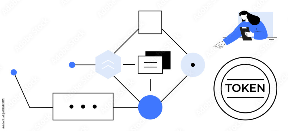 Poster geometric diagram illustrating workflow with connected elements, token representation, and user inte