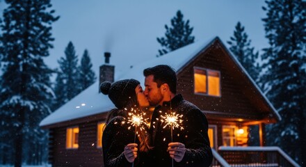 Obraz premium Couple kissing with sparklers in front of a cozy cabin during winter