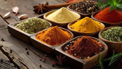 Fototapeta premium Assorted spices in bright colors rustic wooden background minimal clean design aromatic culinary natural organic seasoning vibrant healthy
