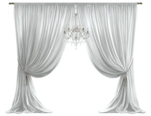 Elegant white drapes with a crystal chandelier