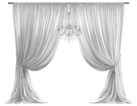 Elegant white drapes with a crystal chandelier