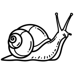 Title: A minimalist black and white vector illustration of a snail with a classic spiral shell, representing simplicity and organic themes.

