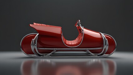 A modern and sleek red Santa sleigh with silver runners, sitting empty in a dark studio under a spotlight. Minimalist Christmas concept