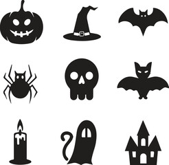 Halloween pumpkin, witch hat, spooky bat, scary spider, creepy skull, haunted ghost, horror candle, black cat, haunted house
