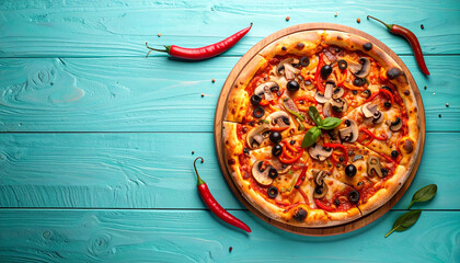 Top down shot of rustic pan pizza with mushrooms, chili, olives, and basil on wooden board over turquoise wooden table, vibrant and appetizing presentation