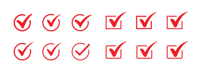 Red Check Mark Icons Set in Circle and Square on transparent background