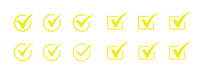Yellow Check Mark Icons Collection in Various Styles on Transparent Background