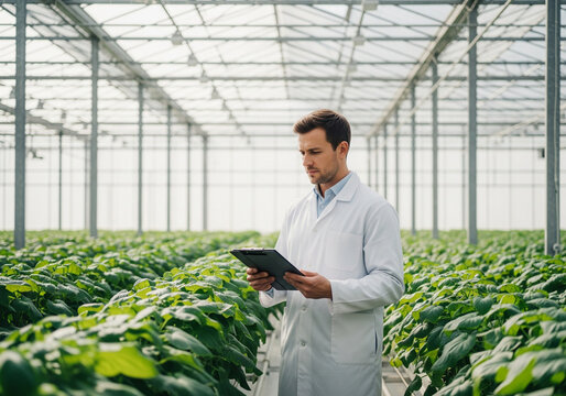Male agronomist utilizing smart technology on a tablet for crop analysis and research in a modern greenhouse facility - Powered by Adobe